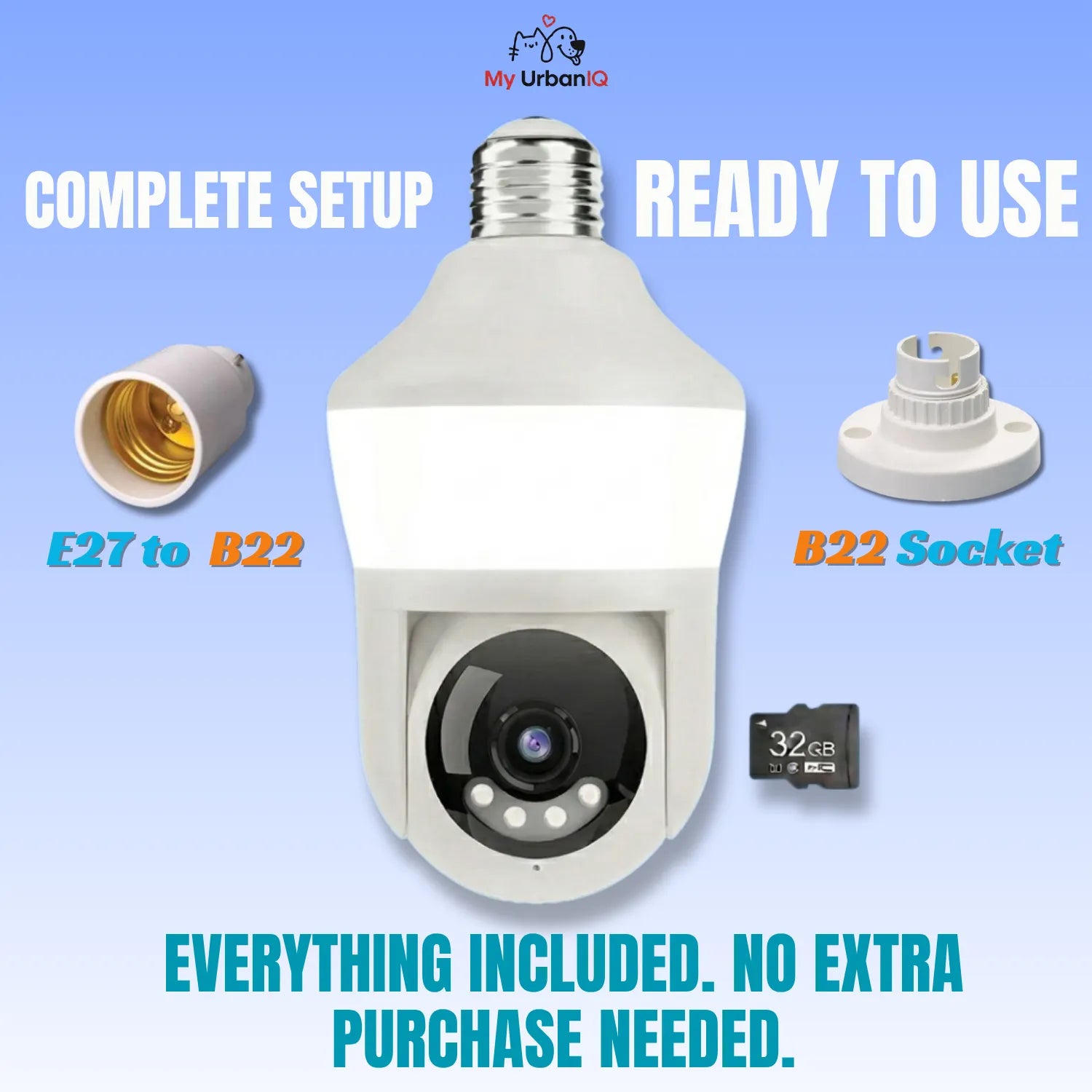 My UrbanIQ™ Premium 360° Smart Camera Bundle | Canada Edition (Includes Free 32GB SD Card + Indian B22 Converter + Holder)